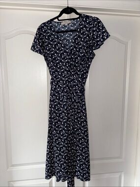 Loft Navy Floral V-Neck Wrap Midi Dress